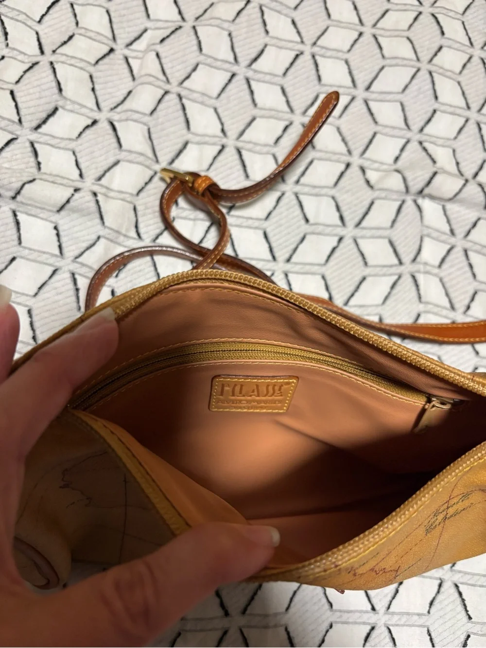 Alviero Martini Tan Geo Map Leather Messenger Crossbody